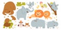 Cute baby animals with dads flat illustrations set. Small childish frog, bear, lion, owl, elephant, hippo and bear