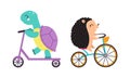 Cute baby animals enjoying ride. Turtle on bike, hedgehog on kick scooter cartoon vector illustration