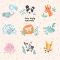 Cute Baby Animals Faces. Kawaii Cartoon Pictures. Doodles Isolated Vector Set for children. Illustrations for Baby Royalty Free Stock Photo