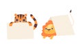 Cute Baby Animals Holding Blank Signs Set, Adorable Tiger and Lion Showing Empty Banners Cartoon Vector Illustration Royalty Free Stock Photo
