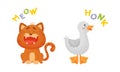Cute baby animals making sounds set. Cat and goose saying meow and honk vector illustration Royalty Free Stock Photo
