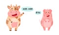Cute baby animals making sounds set. Cow and pig saying moo and oink cartoon vector illustration Royalty Free Stock Photo