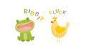 Cute baby animals making sounds set. Frog and hen saying ribbit and cluck vector illustration Royalty Free Stock Photo