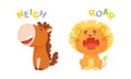 Cute baby animals making sounds set. Horse and lion saying neigh and roar vector illustration Royalty Free Stock Photo