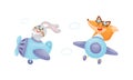 Cute baby animals pilots set. Funny bunny, fox pilot characters flying by airplane cartoon vector illustration Royalty Free Stock Photo