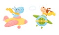 Cute baby animals pilots set. Funny hippo, dog pilot characters flying by airplane cartoon vector illustration Royalty Free Stock Photo