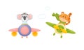 Cute baby animals pilots set. Funny koala, tiger pilot characters flying by airplane, front view cartoon vector Royalty Free Stock Photo
