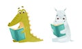 Cute baby animals reading books set. Crocodile, hippo sitting with book cartoon vector illustration