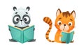 Cute baby animals reading books set. Raccoon, tiger sitting with book cartoon vector illustration Royalty Free Stock Photo