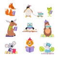 Cute baby animals reading books set. Smart penguin, chipmunk, koala, gopher, frog, bear cartoon vector illustration