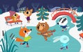 Cute baby animals skate on frozen river. Children have fun in the winter. Little fox, rabbit, badger and bear have fun