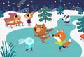 Cute baby animals skate on frozen river. Children have fun in the winter. Little fox, rabbit, badger and bear have fun
