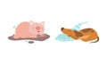 Cute Baby Animals Sleeping in Beds Set, Adorable Piglet and Puppy Fell Asleep on Pillows Cartoon Vector Illustration