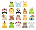 Cute Baby Animals with Smiling Snouts Wearing Headdress Big Vector Set