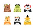 Cute Baby Animals with Smiling Snouts Wearing Headdress Vector Set Royalty Free Stock Photo