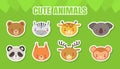 Cute Baby Animals Stickers Collection, Head of Bear, Zebra, Giraffe, Koala, Panda, Fox, Deer, Monkey Vector Illustration