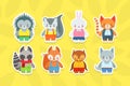 Cute Baby Animals Stickers Collection, Hedgehog, Raccoon, Rabbit, Cat, Beaver, Squirrel, Owl, Wolf Characters Vector