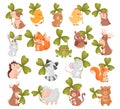 Cute Baby Animals with Three Leaf Clover Big Vector Set Royalty Free Stock Photo