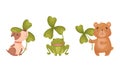 Cute baby animals with three leaf clover set. Adorable dog, frog, bear holding shamrock leaves cartoon vector Royalty Free Stock Photo