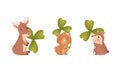 Cute baby animals with three leaf clover set. Adorable fawn, hamster, chipmunk holding shamrock leaves cartoon vector Royalty Free Stock Photo