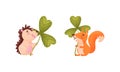 Cute baby animals with three leaf clover set. Adorable hedgehog, squirrel holding shamrock leaves cartoon vector Royalty Free Stock Photo