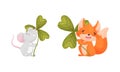 Cute baby animals with three leaf clover set. Adorable mouse, fox holding shamrock leaves cartoon vector illustration Royalty Free Stock Photo