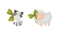 Cute baby animals with three leaf clover set. Adorable raccoon, sheep holding shamrock leaves cartoon vector Royalty Free Stock Photo