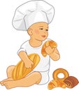 Cute baby baker with croissants and buns
