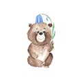 Cute baby bear with blue bell flower isolated on white background. Watercolor hand drawn illustration.