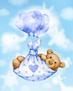 Cute  baby bear cartoon with balloons. Greeting card for baby boy Royalty Free Stock Photo