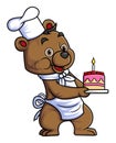 cute baby bear cartoon character wearing chef clothes carrying a big birthday cake Royalty Free Stock Photo