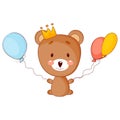 Cute baby bear cartoon girl with crown and balloons. Vector illustration. Royalty Free Stock Photo