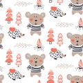 Cute baby bear and hedgehog in the woods seamless vector pattern.