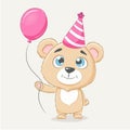 Cute baby bear with party hat and heart balloons. Postcard. Greeting card. Card with a wish. card with bear cub and Royalty Free Stock Photo