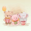 Cute baby bear, piglet and elephant celebrate christmas and get gifts