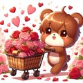 A cute baby bear pulling a carr, filled of rose flower, love sign arounds, cartoon, digital anime art, animal