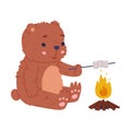 Cute baby bear sitting near bonfire and roasting marshmallow. Funny wild forest brown animal character cartoon vector