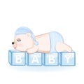 Cute Baby Bear sleeping on baby toy box Royalty Free Stock Photo