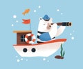 Cute baby bear traveling by ship. Sailor captain explorer with spyglass. Childrens animal character at sea journey