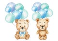 Cute Baby Bear Watercolor Illustration, Little Bear with balloons Isolated on white background