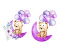 Cute Baby Bear Watercolor Illustration, Little Bear with balloons Isolated on white background