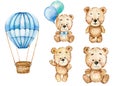 Cute Baby Bear Watercolor Illustration, Little Bear with balloons Isolated on white background