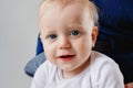 Cute baby with beautiful blue eyes. A large portrait of a baby in the studio Royalty Free Stock Photo