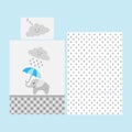 Cute baby bedsheet pattern - elephant with blue umbrella under rainy cloud