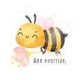 Cute baby bee flying and flower watercolor cartoon character hand painting illustration vector. Bee positive Royalty Free Stock Photo