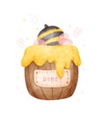 Cute baby bee in honey jar watercolor cartoon character hand painting illustration vector Royalty Free Stock Photo