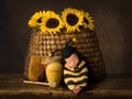 Baby in bee outfit sleeping in beehive