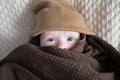 Cute baby with big blue eyes wearing a hat and a huge knitted scarf Royalty Free Stock Photo