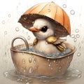 cute baby bird taking a bath in the rain with an umbrella