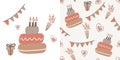 Cute baby Birthday Cakes Seamless Pattern. Tasty Celebratory Decorated Bakery, Cupcakes With Burning Candles on beige